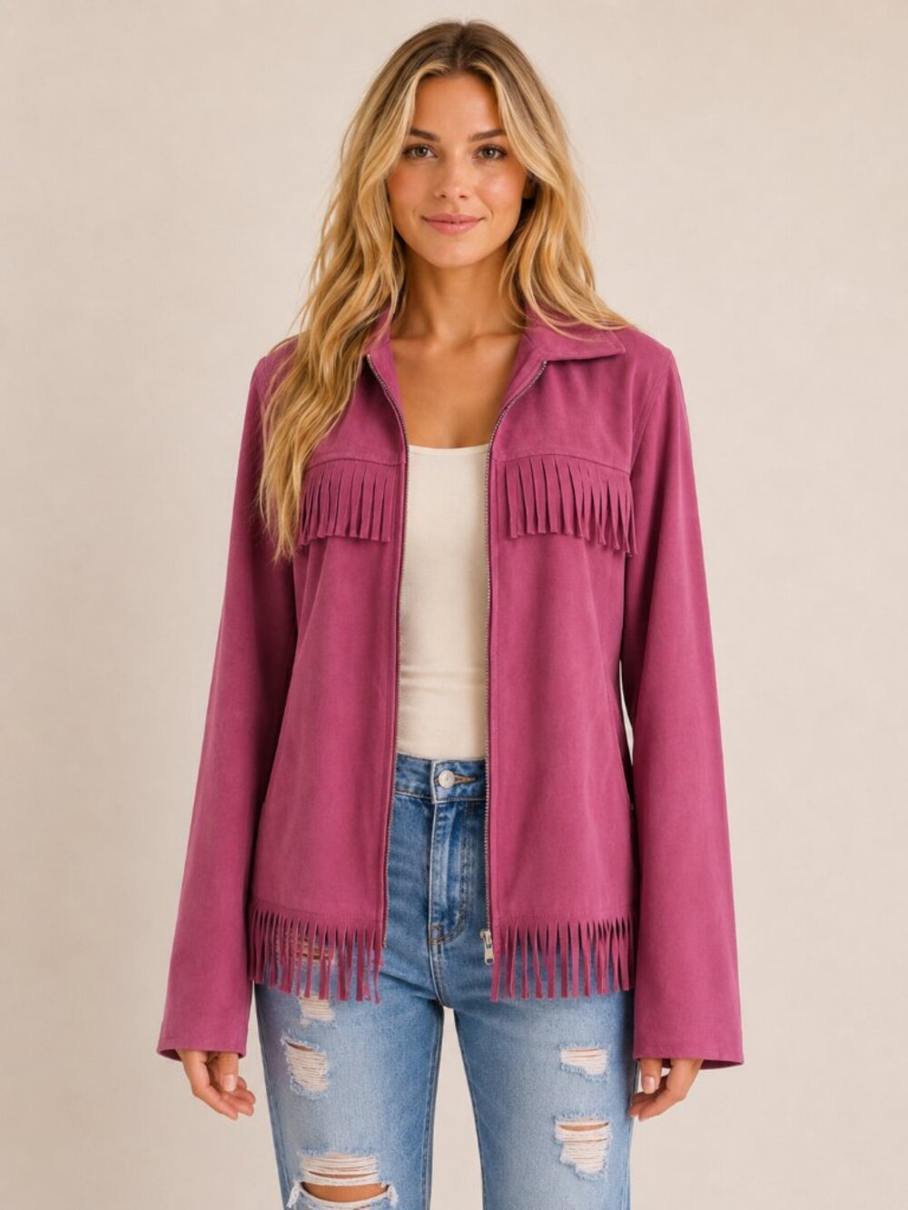 Vintage Robert Louis Pink Fringe Faux Suede Jacket Boho Western Zip Front Medium